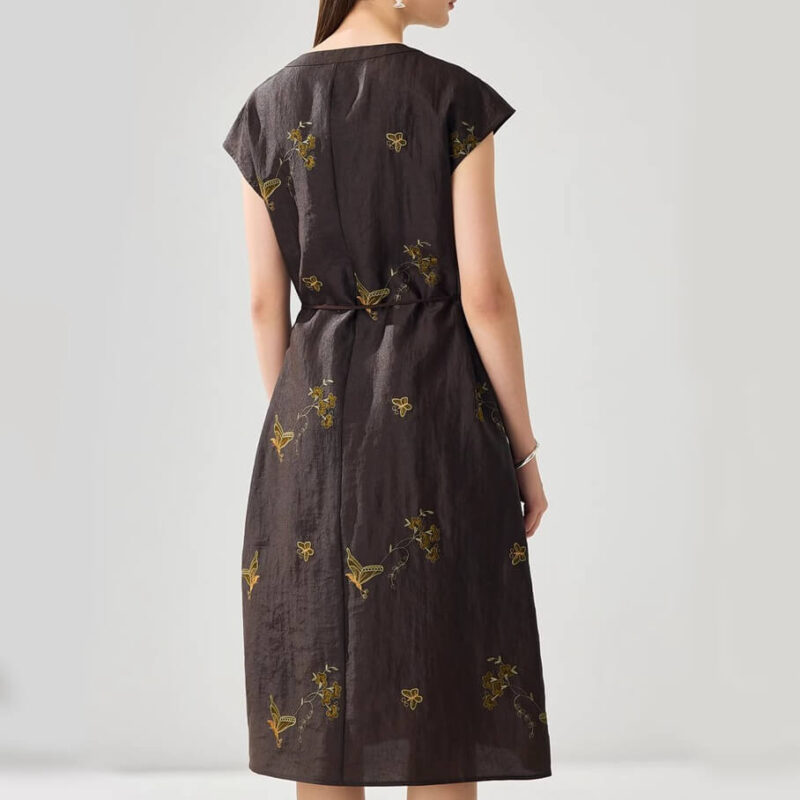 Summer Silk Butterfly Embroidery V-Neck Lace-Up Dress