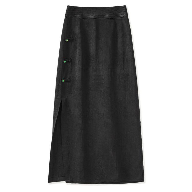 Summer Silk Linen Jacquard Elegant Jade Button Midi Skirt