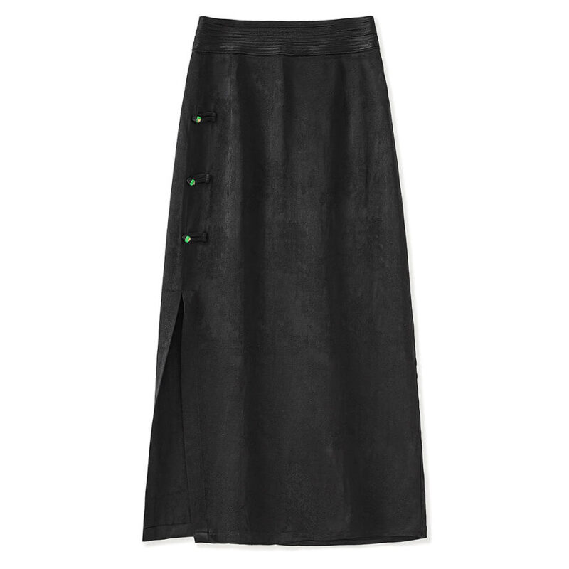 Summer Silk Linen Jacquard Elegant Jade Button Midi Skirt