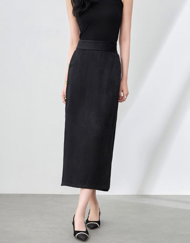 Summer Silk Linen Jacquard Elegant Jade Button Midi Skirt