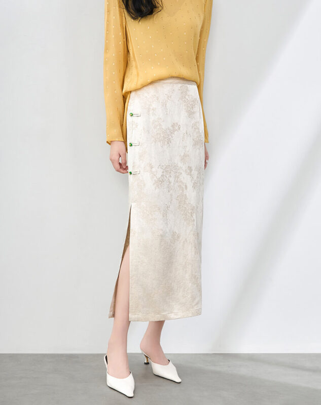 Summer Silk Linen Jacquard Elegant Jade Button Midi Skirt