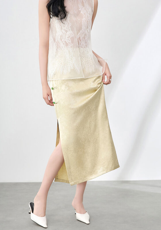 Summer Silk Linen Jacquard Elegant Jade Button Midi Skirt