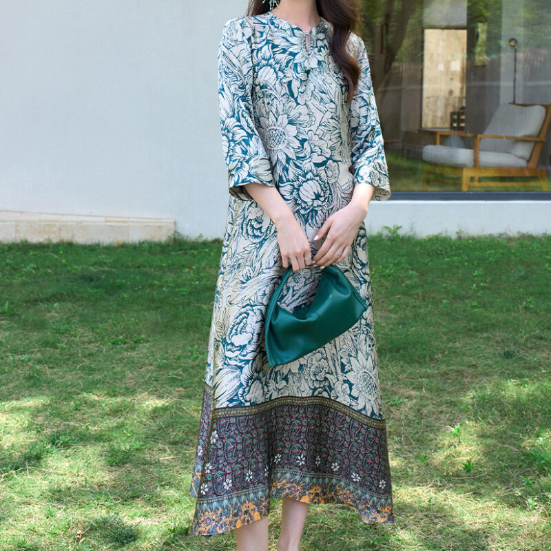 Summer Silk Resort Style Reversible Vintage Positioning Print Dress 4
