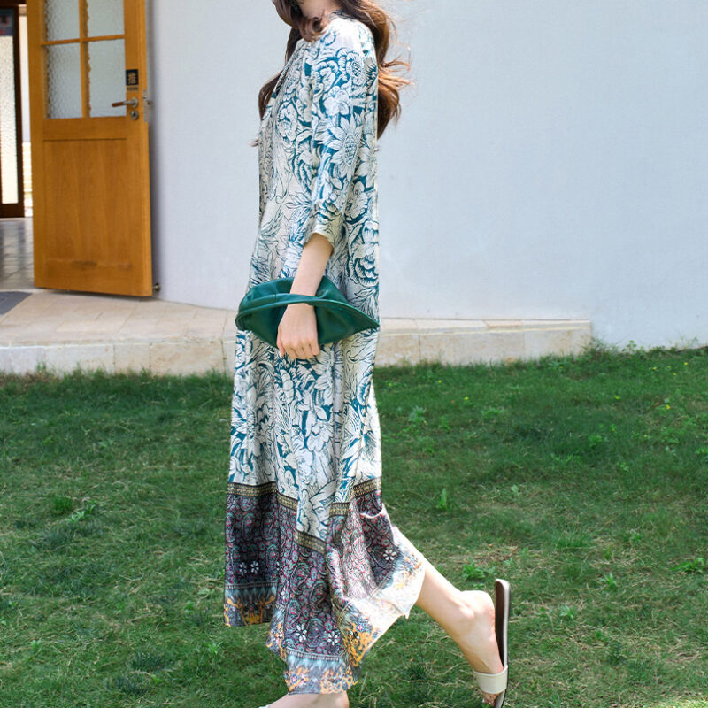 Summer Silk Resort Style Reversible Vintage Positioning Print Dress 5