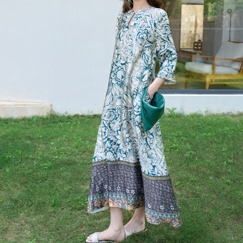 Summer Silk Resort Style Reversible Vintage Positioning Print Dress 6