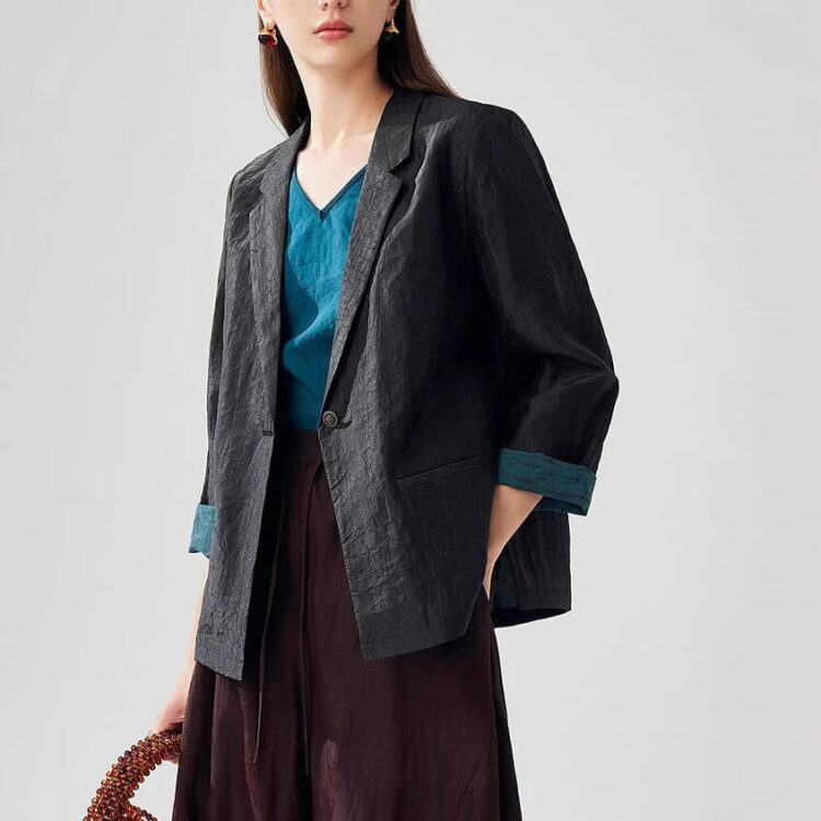 Summer Silk Side Slit Black Contrast Blazers
