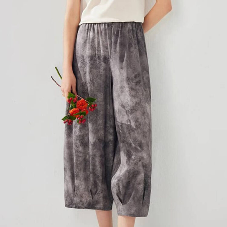 Summer Silk Stretch Satin Tie-dye Printed Cropped Trousers