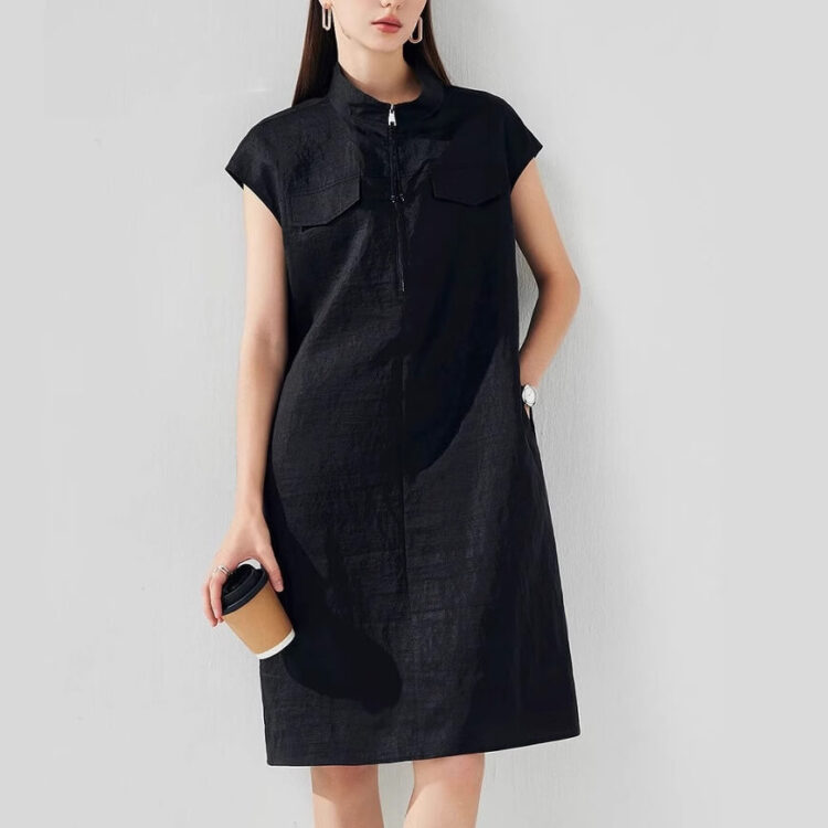 Summer Silk Vintage Zipper Stand Collar Black Dress