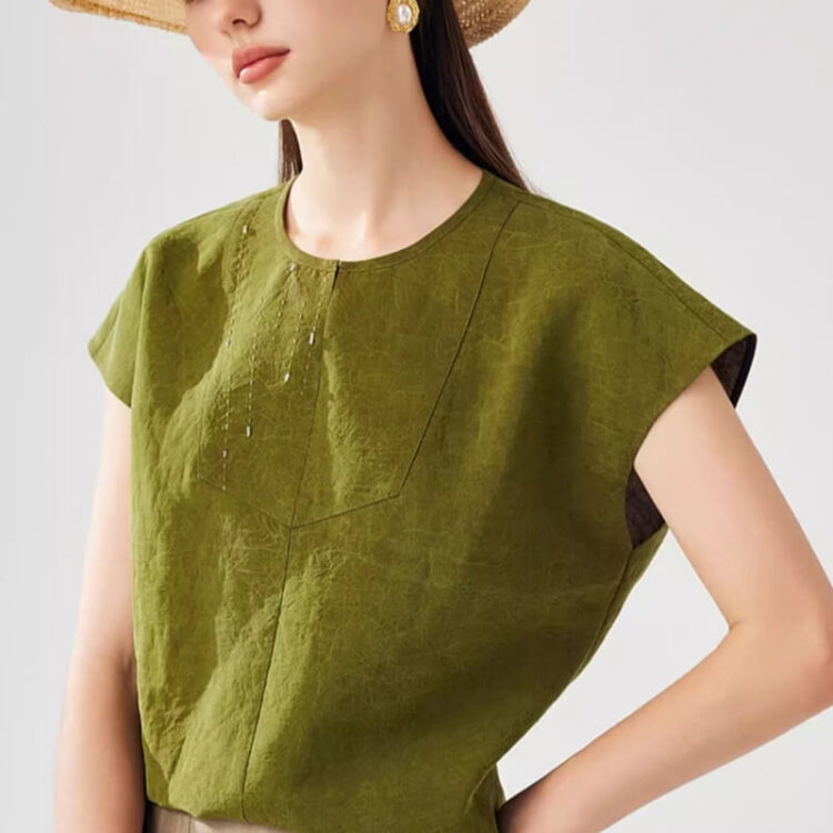 Summer Silk Embroidered Beaded Short Sleeve Top