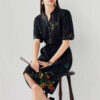Summer Silk Xiangyunsha Embroidered V-neck Retro Midi Dress