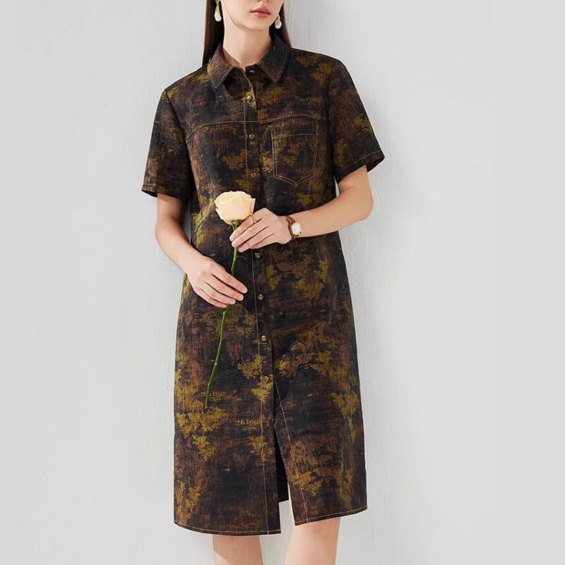 Summer Silk Vintage Shirt Brown Dress