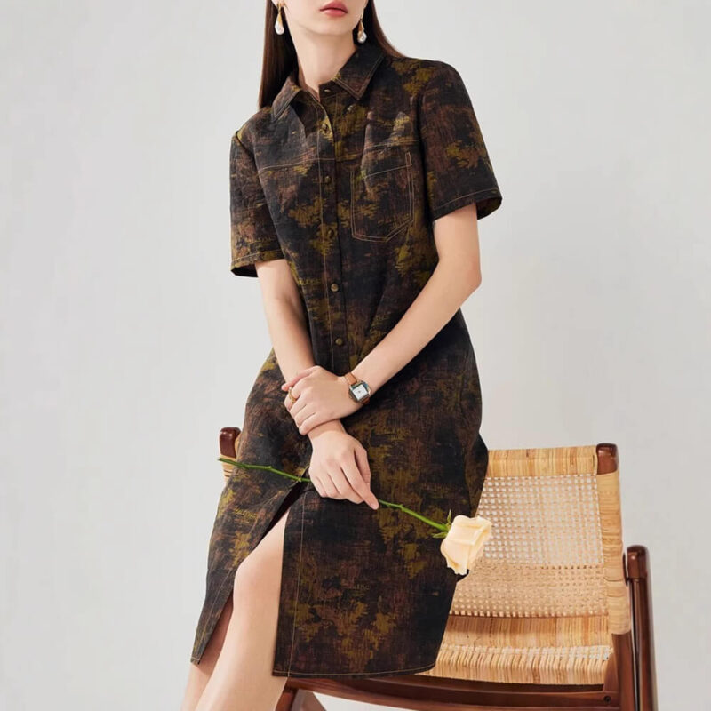 Summer Silk Vintage Shirt Brown Dress