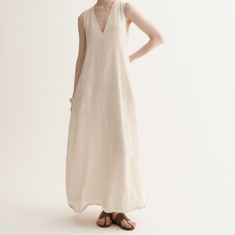 Summer Resort Style Simple V-neck Silk Linen Sleeveless Dress