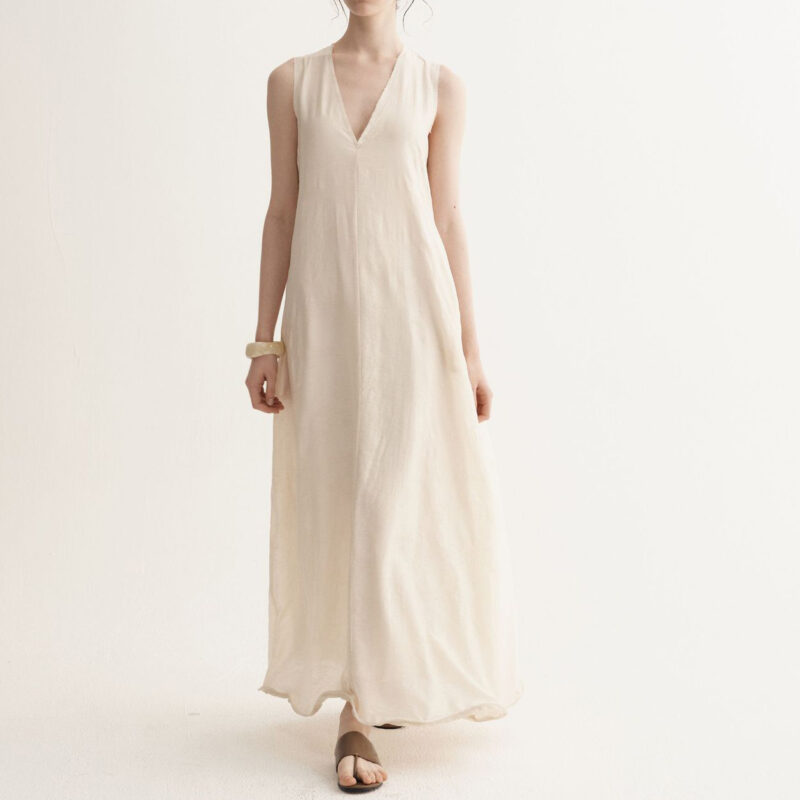 Summer Resort Style Simple V-neck Silk Linen Sleeveless Dress