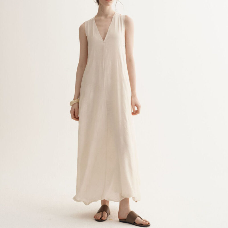 Summer Resort Style Simple V-neck Silk Linen Sleeveless Dress