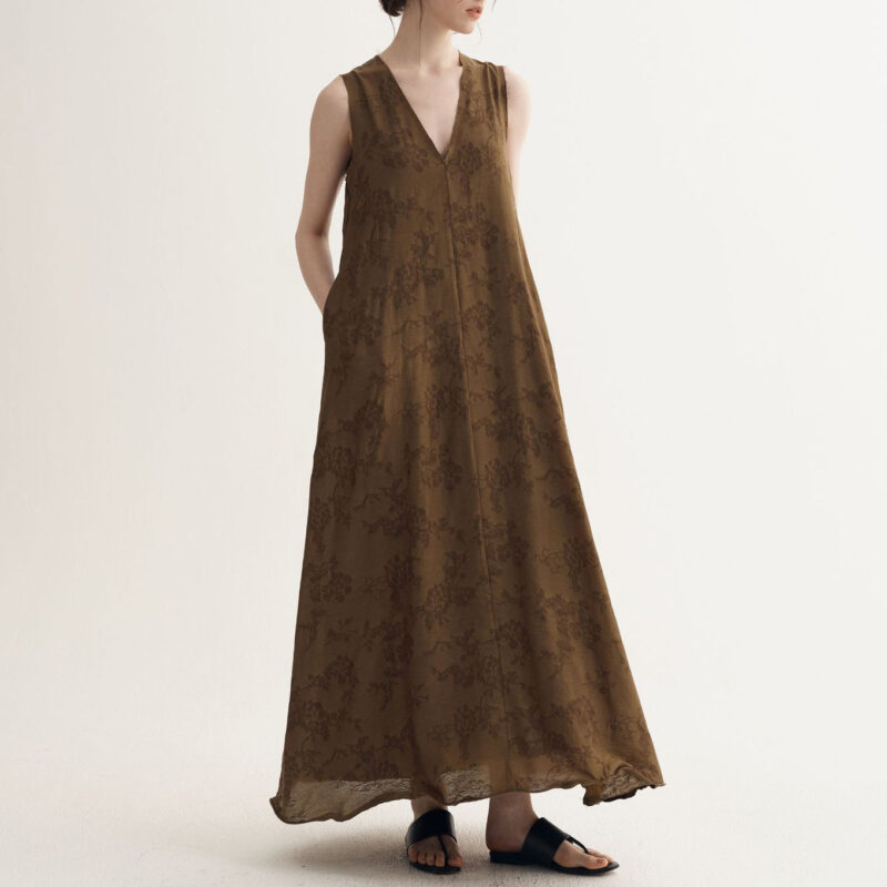 Summer Resort Style Simple V-neck Silk Linen Sleeveless Dress