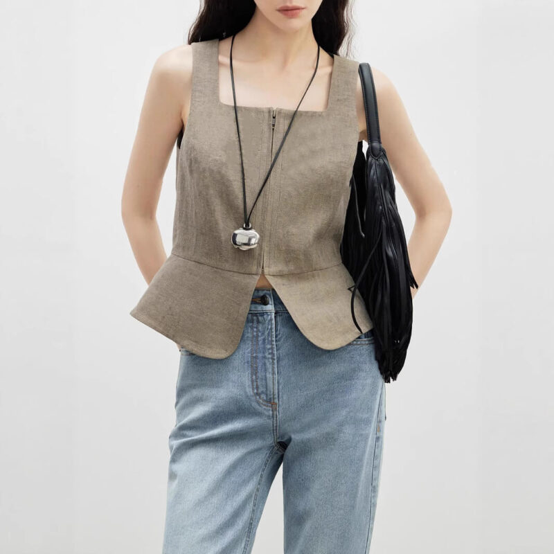 Summer Square Neck Sleeveless Zipper Short Vest 5