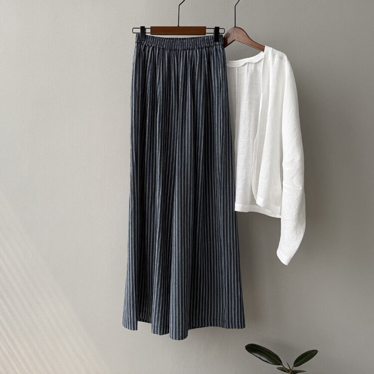 Summer Striped Straight High Waist Linen Wide Leg Pants