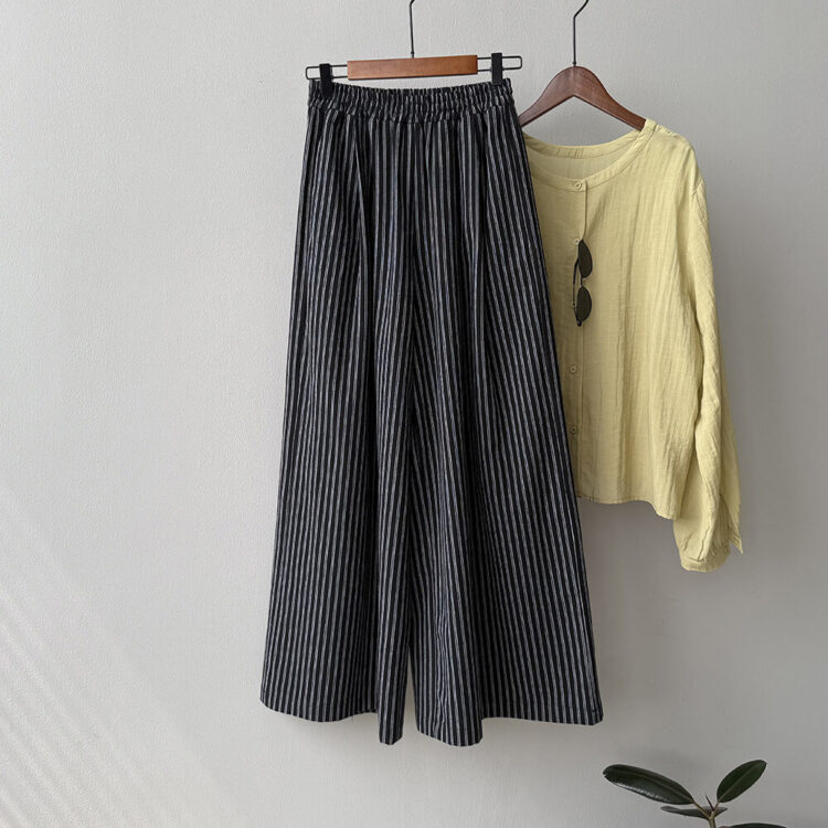 Summer Striped Straight High Waist Linen Wide Leg Pants