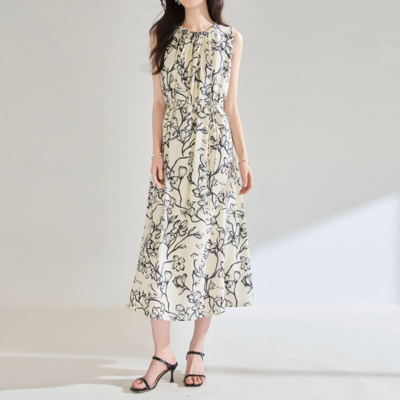 Summer Tencel Black and White Ink Print Pleated A line High Waist Resort Style Skirt 2 1
