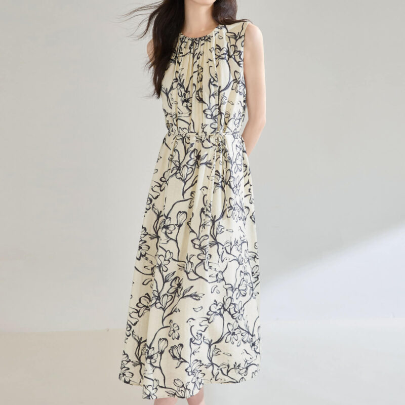 Summer Tencel Black and White Ink Print Pleated A line High Waist Resort Style Skirt 3 1