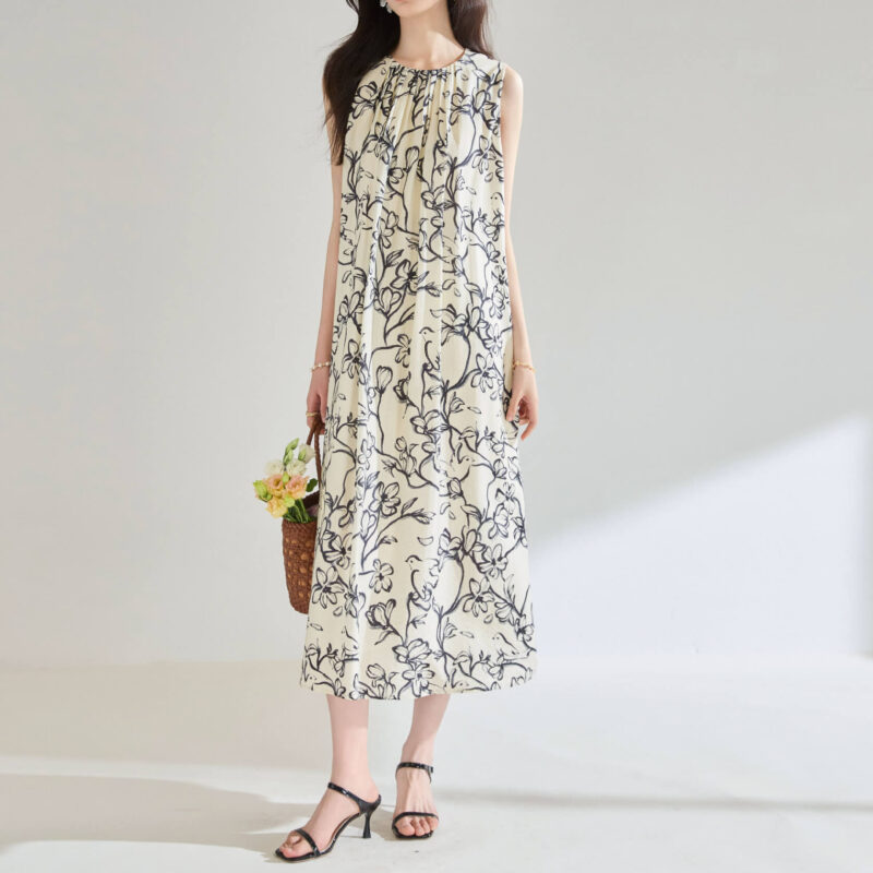 Summer Tencel Black and White Ink Print Pleated A line High Waist Resort Style Skirt 4 1