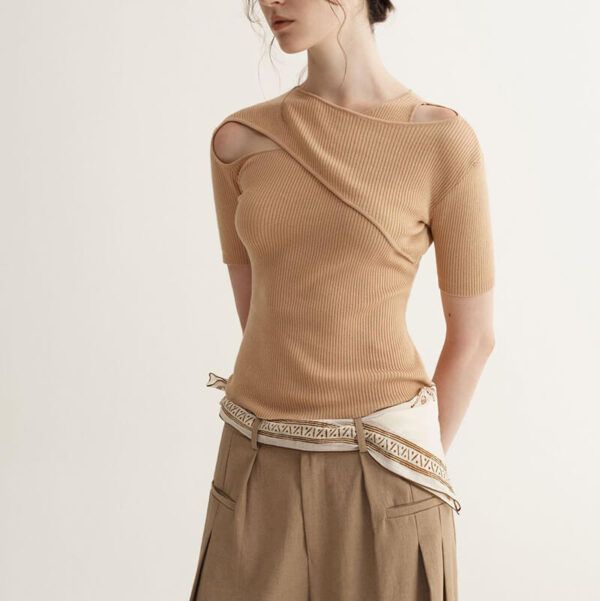 Summer Tencel Off-the-shoulder Short-sleeved Knitted T-shirt
