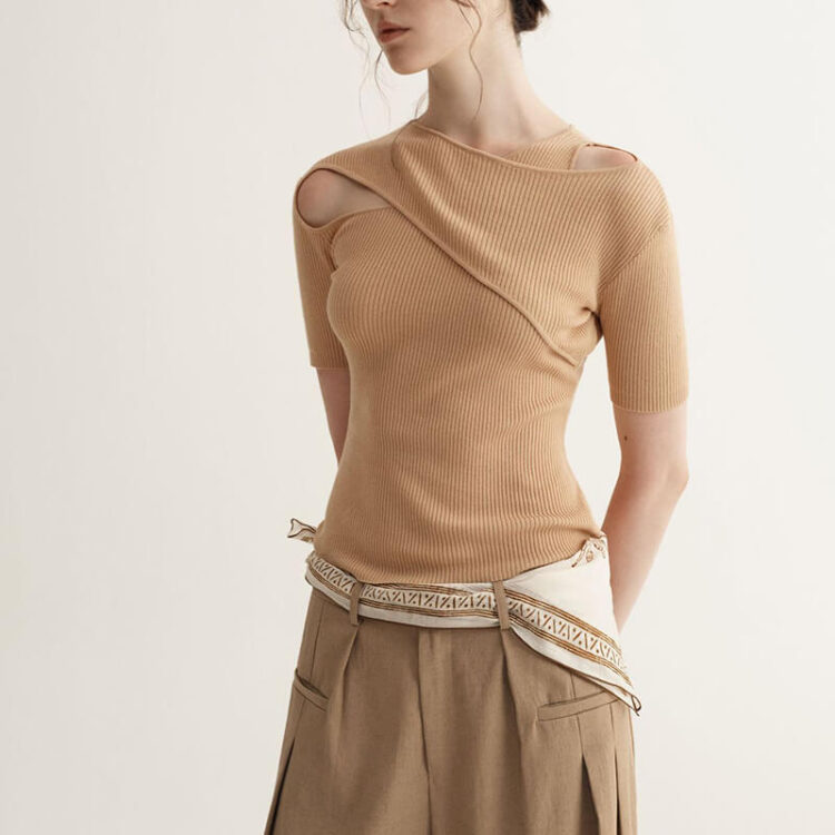 Summer Tencel Off-the-shoulder Short-sleeved Knitted T-shirt