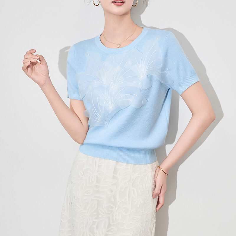 Summer Three-dimensional Petal Round-neck Short-sleeved Knitted Sweater