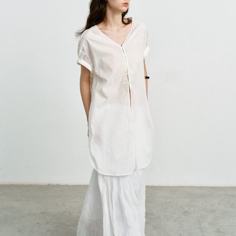 Summer V-neck Mid-length Reversible Cotton Short-sleeved Shirt