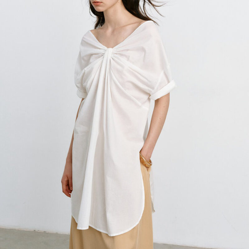 Summer V-neck Mid-length Reversible Cotton Short-sleeved Shirt