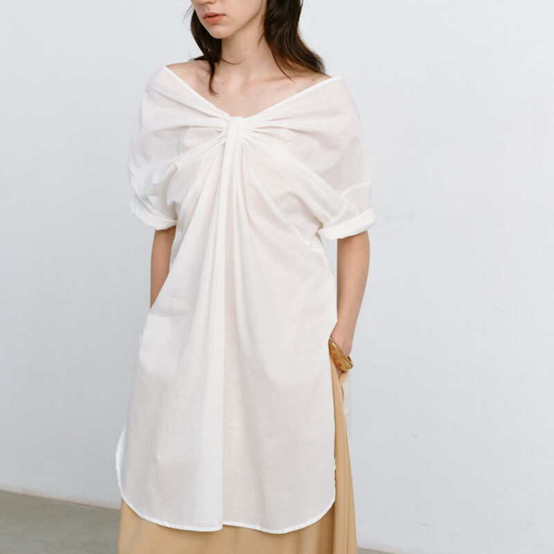 Summer V-neck Mid-length Reversible Cotton Short-sleeved Shirt