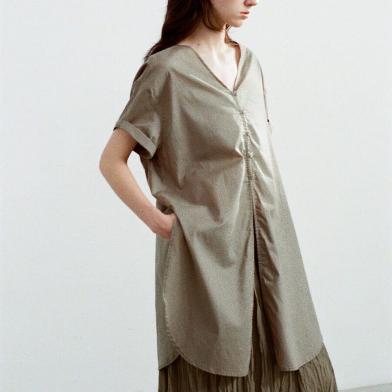 Summer V-neck Mid-length Reversible Cotton Short-sleeved Shirt