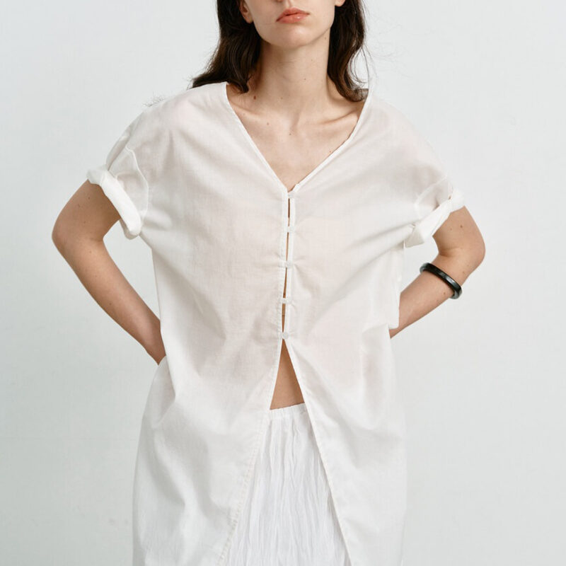Summer V-neck Mid-length Reversible Cotton Short-sleeved Shirt