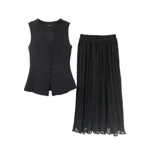Summer V-neck Sleeveless Lace Vest + Skirt Set
