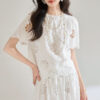 Summer White Heavy Hollow Embroidery Short Lace Top Skirt Two piece Set 4