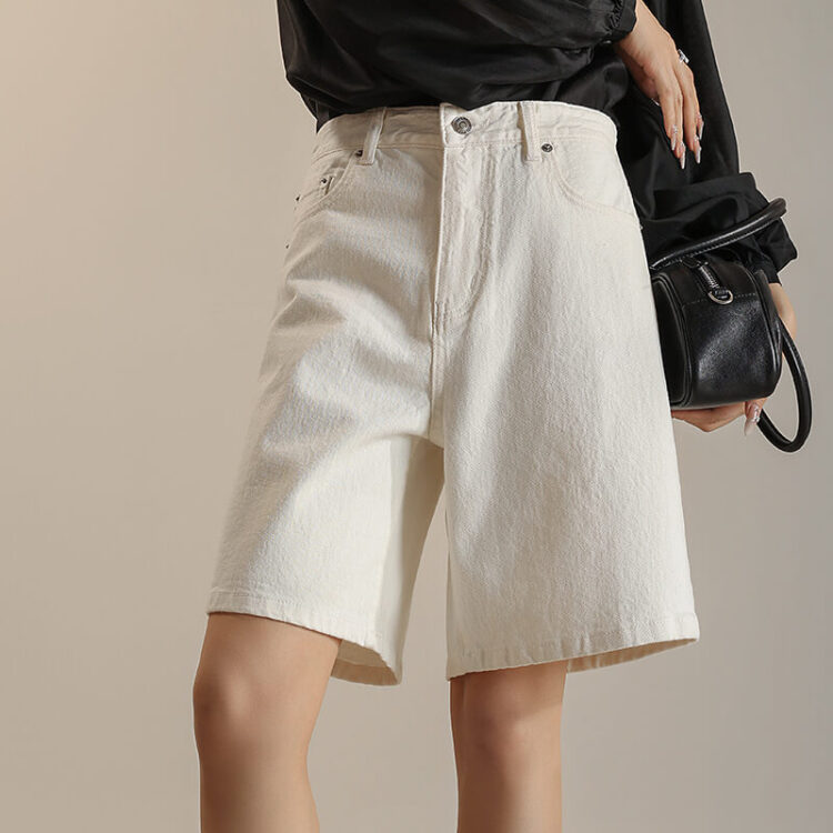 Summer White Pure Cotton Straight-cut Five-point Jeans