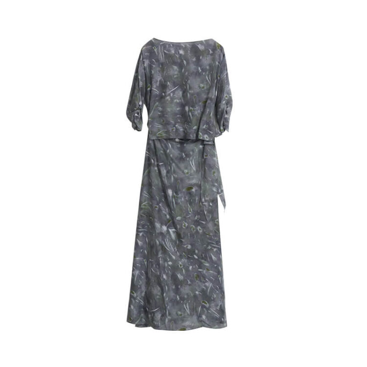 Summer Wrap-style One-shoulder Five-quarter Sleeve Tie-fastening Gray Print Silk Dress