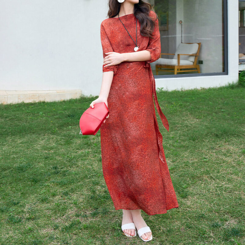 Summer Wrap style Tie fastening Slim fit Red Silk Dress 3