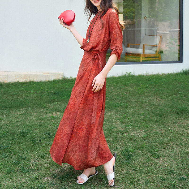 Summer Wrap style Tie fastening Slim fit Red Silk Dress 4
