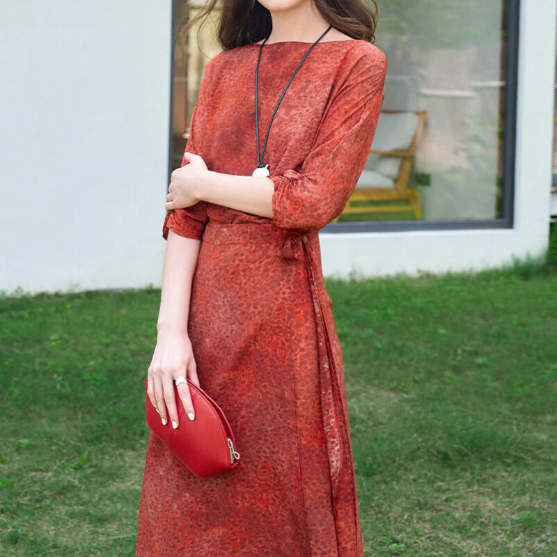 Summer Wrap style Tie fastening Slim fit Red Silk Dress 5