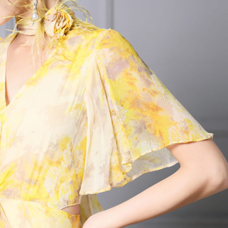Summer Yellow Printed Resort Style Irregular Rayon Tulle Dress 2