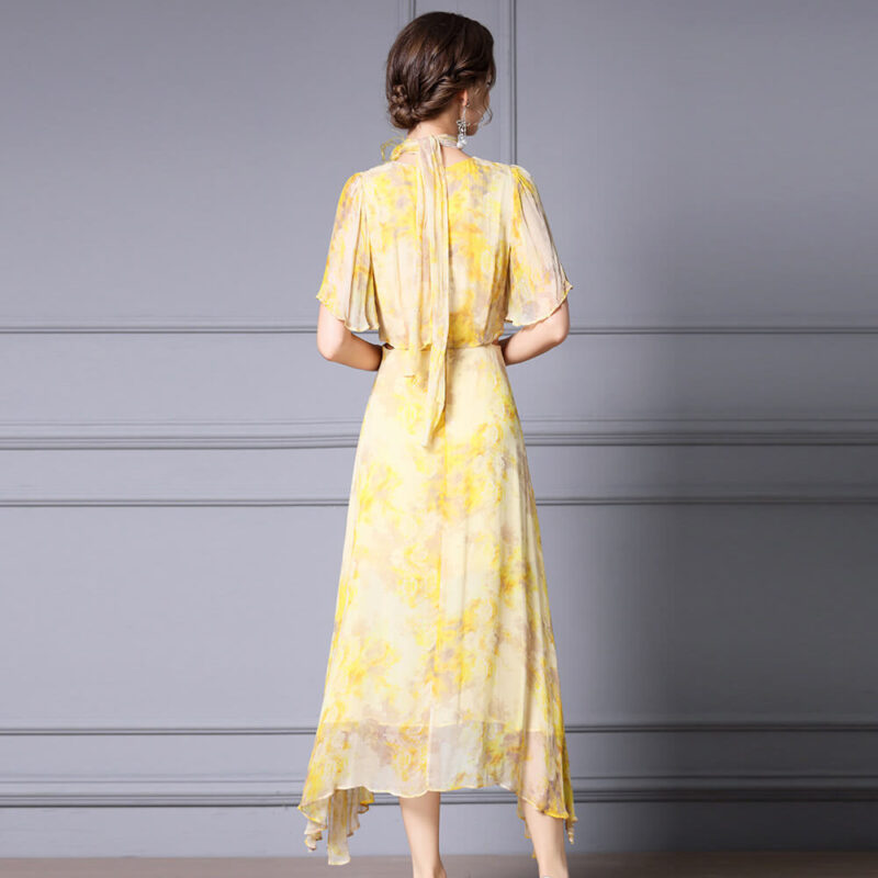 Summer Yellow Printed Resort Style Irregular Rayon Tulle Dress 6