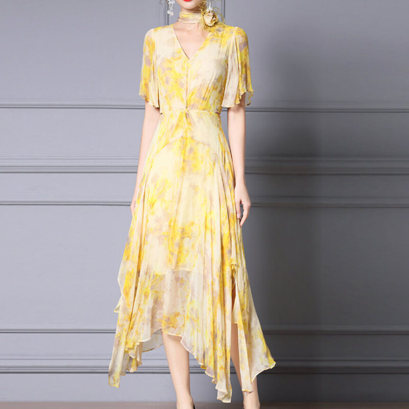 Summer Yellow Printed Resort Style Irregular Rayon Tulle Dress 7