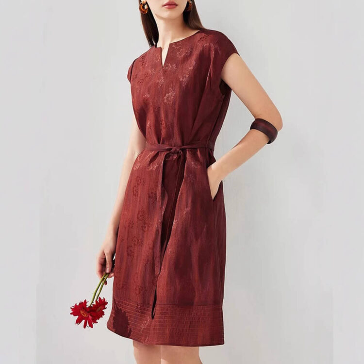 Summer Silk Jacquard Loose Lace Short-sleeved Red Dress