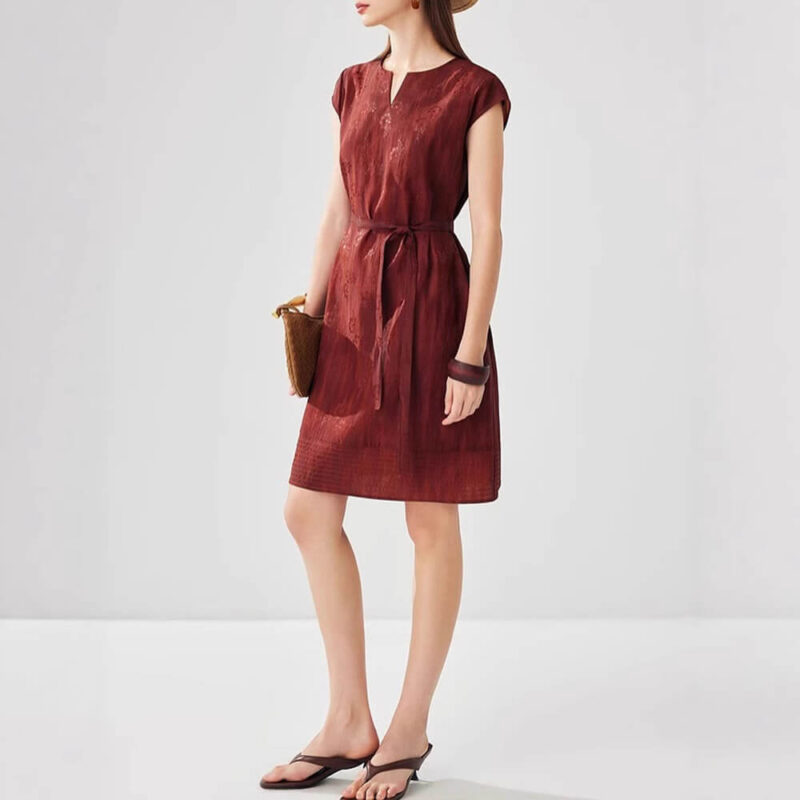 Summer silk jacquard loose lace short sleeved red dress 7