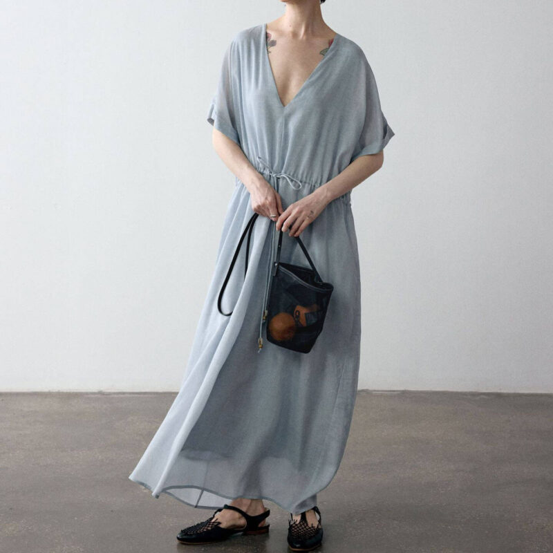Tencel V neck Drawstring Dress 2