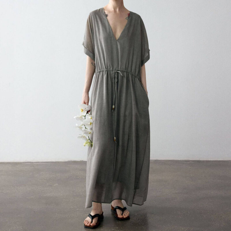 Tencel V neck Drawstring Dress 6