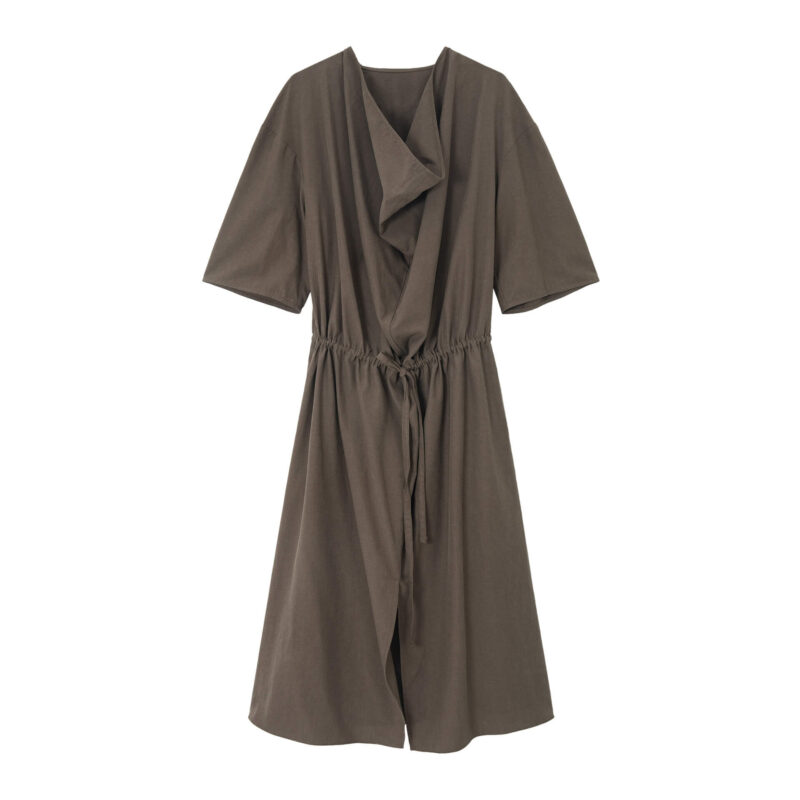 Tencel Cotton Draped Neckline Drawstring Sand Washed Distressed Texture Dress