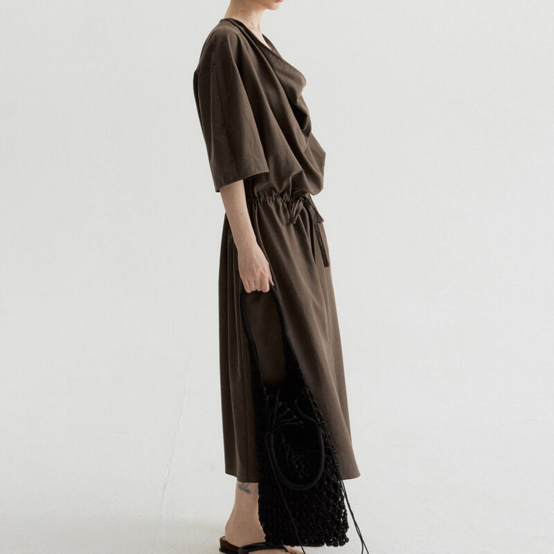 Tencel Cotton Draped Neckline Drawstring Sand Washed Distressed Texture Dress